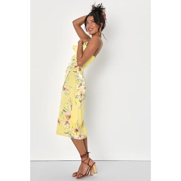 NWT Lulus Sunny Blossom Yellow Floral Print Satin Cowl Neck Midi Dress M - Picture 3 of 4